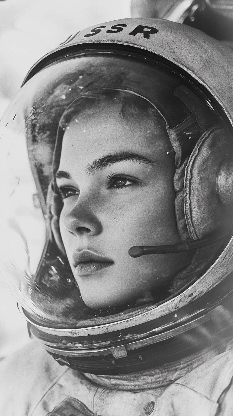 Pointillist close up of a Soviet woman in a space helmet