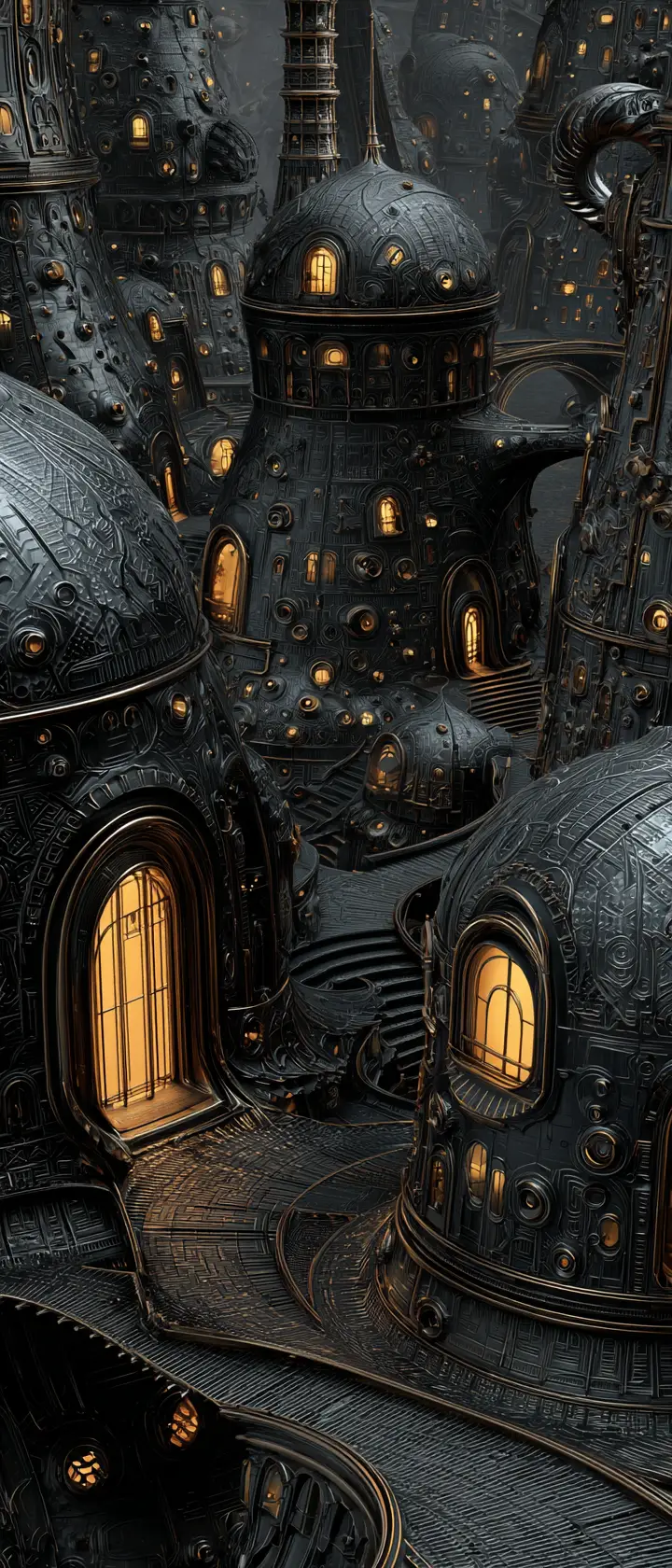 Villaggio steampunk fantasy di torri e ponti biomorfici in ferro