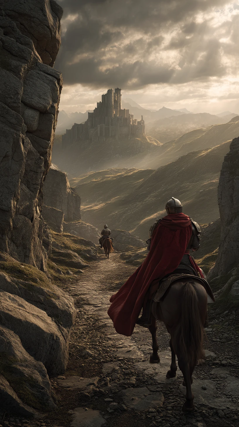 Lone medieval knight riding toward a distant mountain fortress