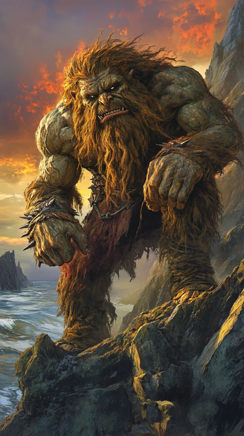 Troll norueguês colossal sobre um fiorde em chamas