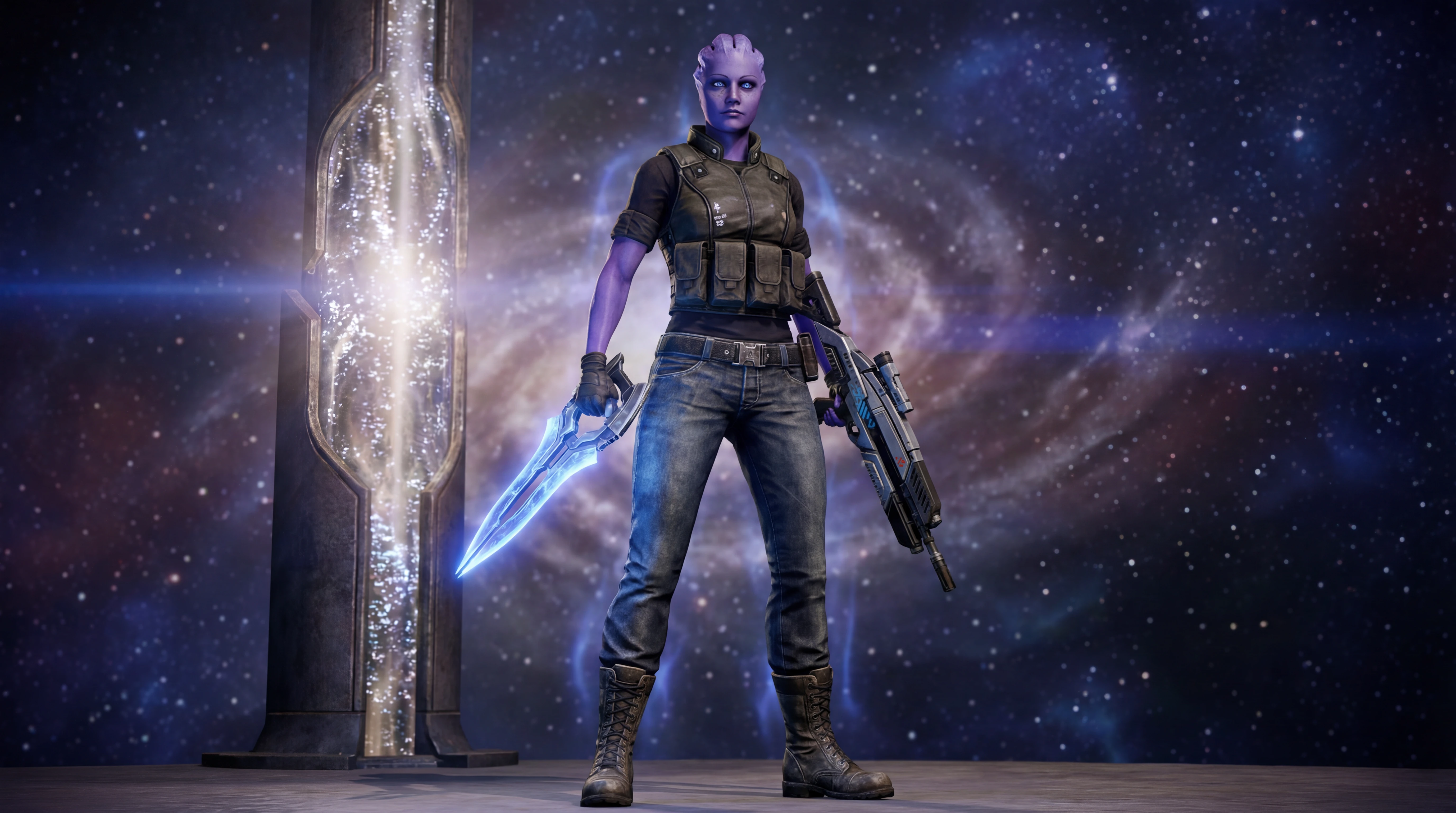 Guerriera asari viola con camicia, jeans e stivali