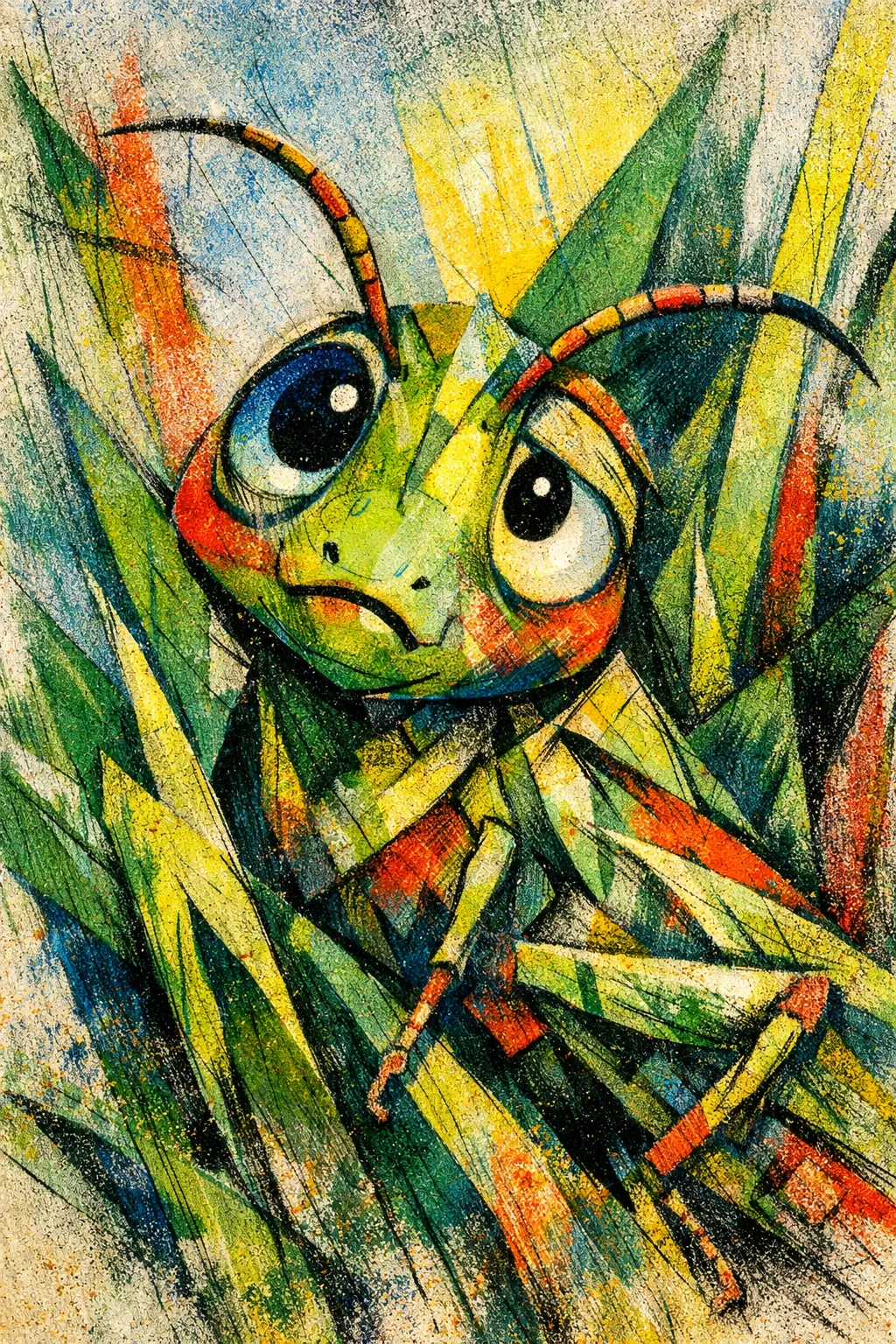 Retrato abstracto de saltamontes con texturas de hierba fragmentadas