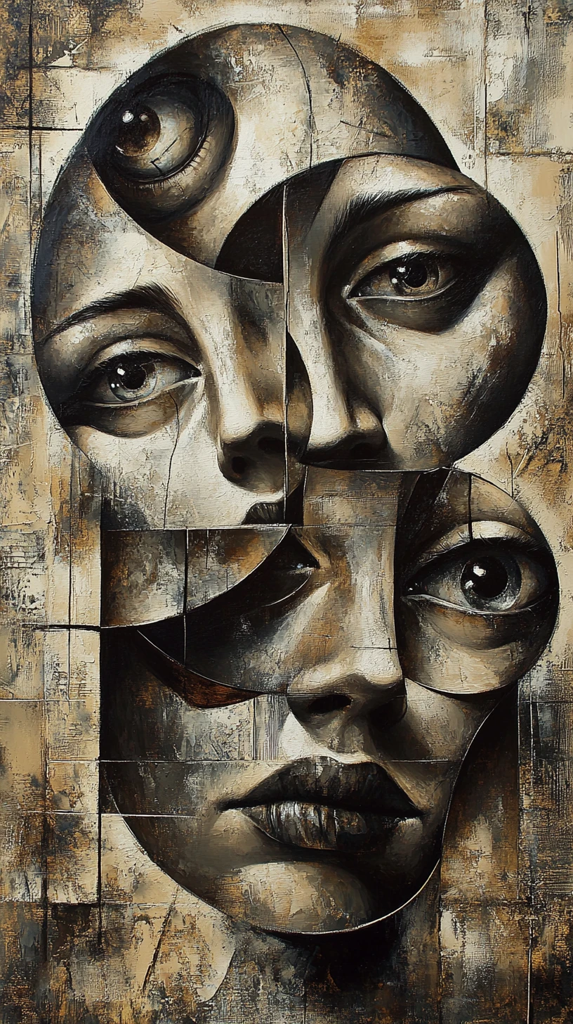 Surreal Cubist Portrait Of Fragmented Mechanical Human Faces