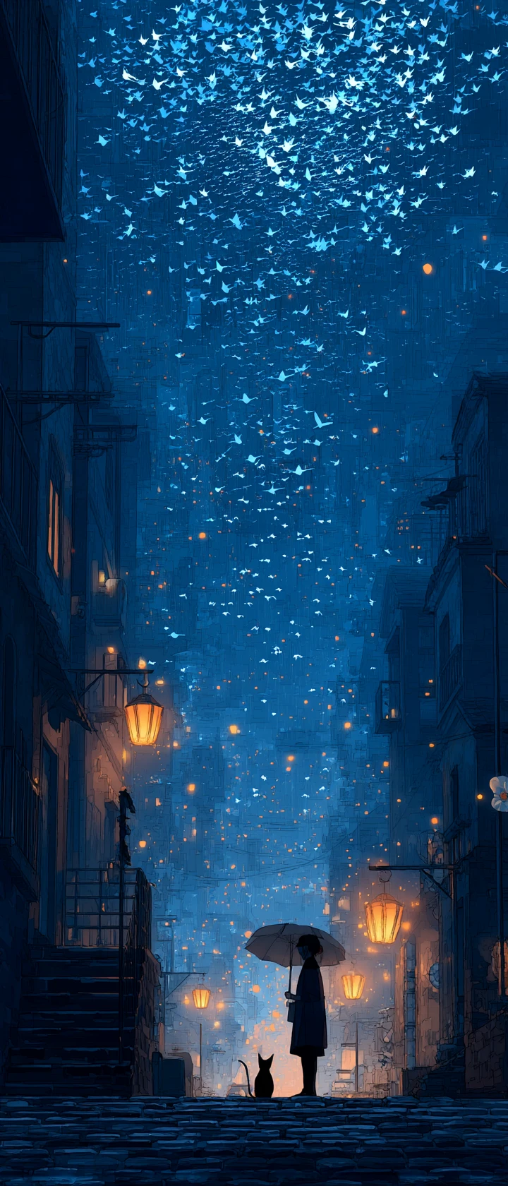 Vendedor de rua idoso compartilhando um guarda-chuva com um gato de rua