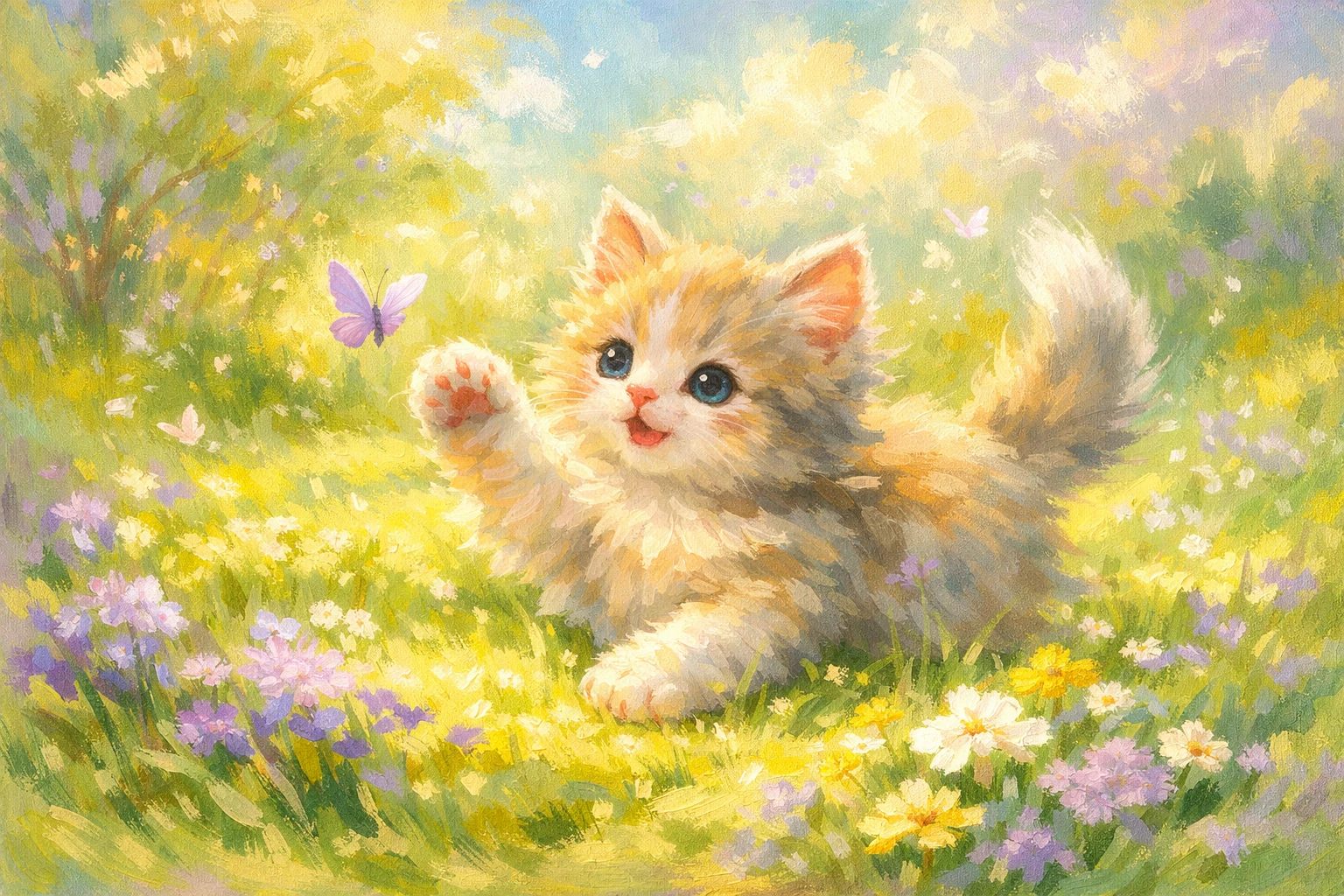 Gatito esponjoso jugando en un prado soleado – pintura acrílica