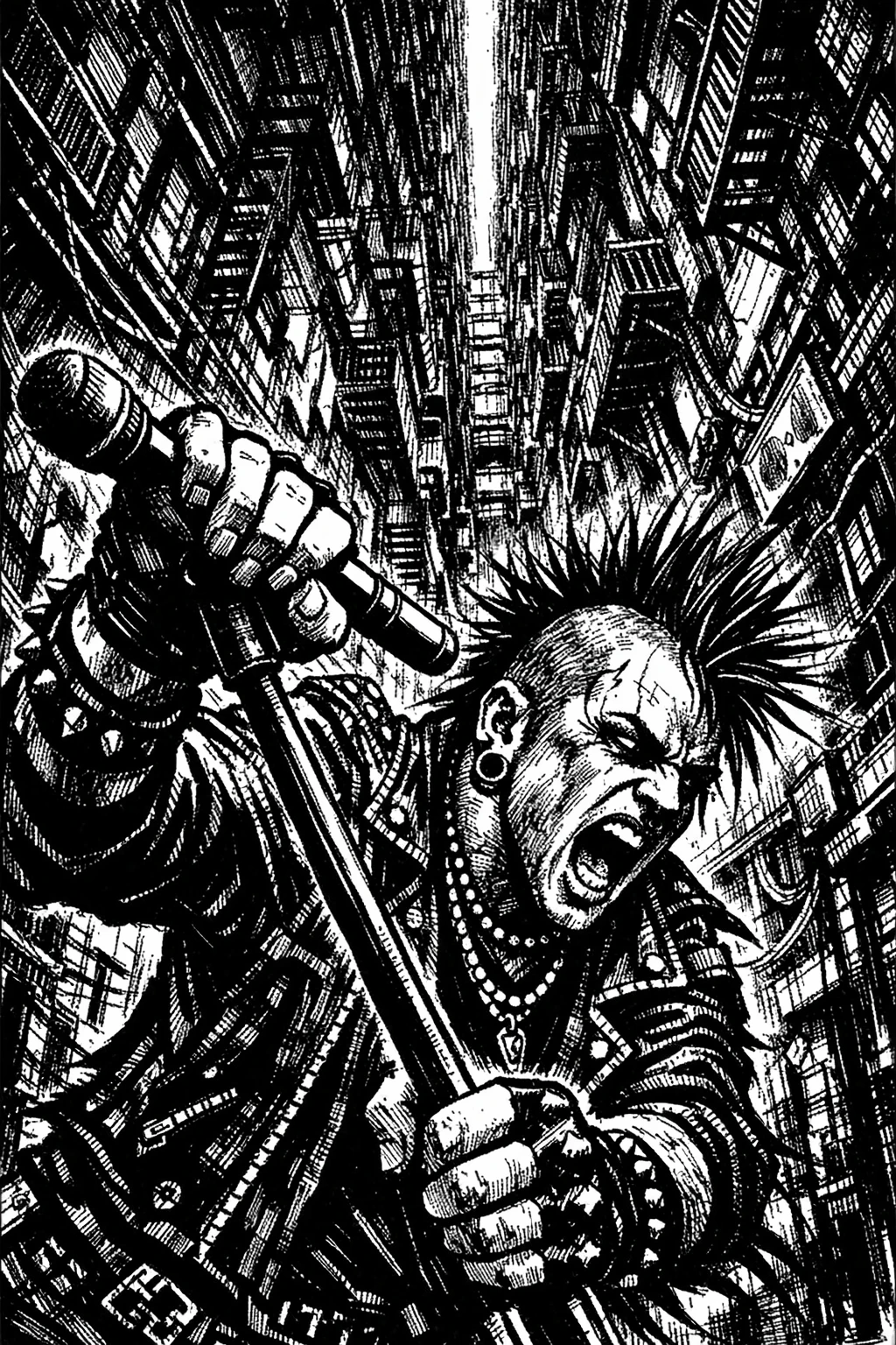 Vocalist punk che stringe l’asta del microfono in un vicolo imponente