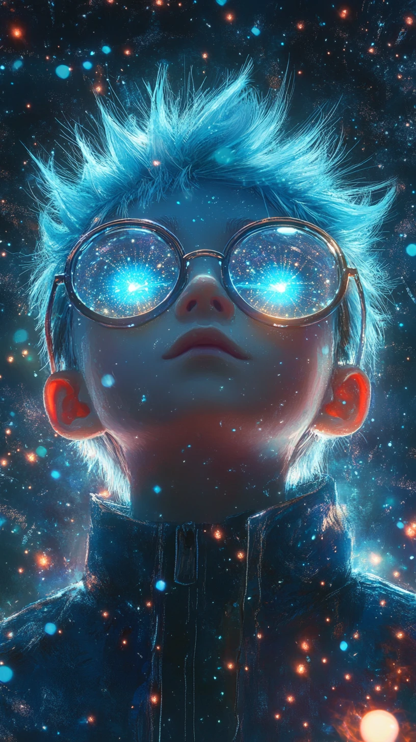 Ragazzo anime con capelli blu luminosi in giacca cosmica