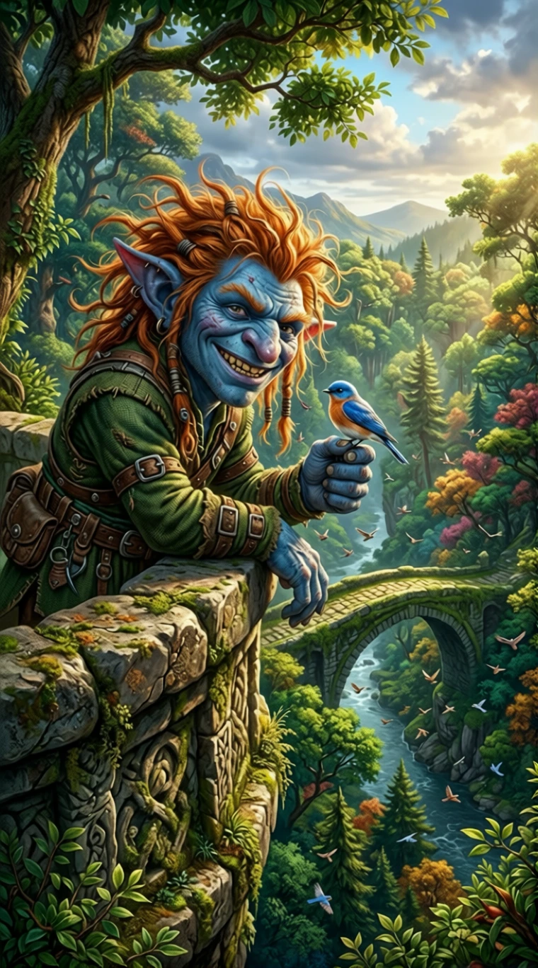 Duende azul segurando um pequeno pássaro em uma floresta banhada pelo sol