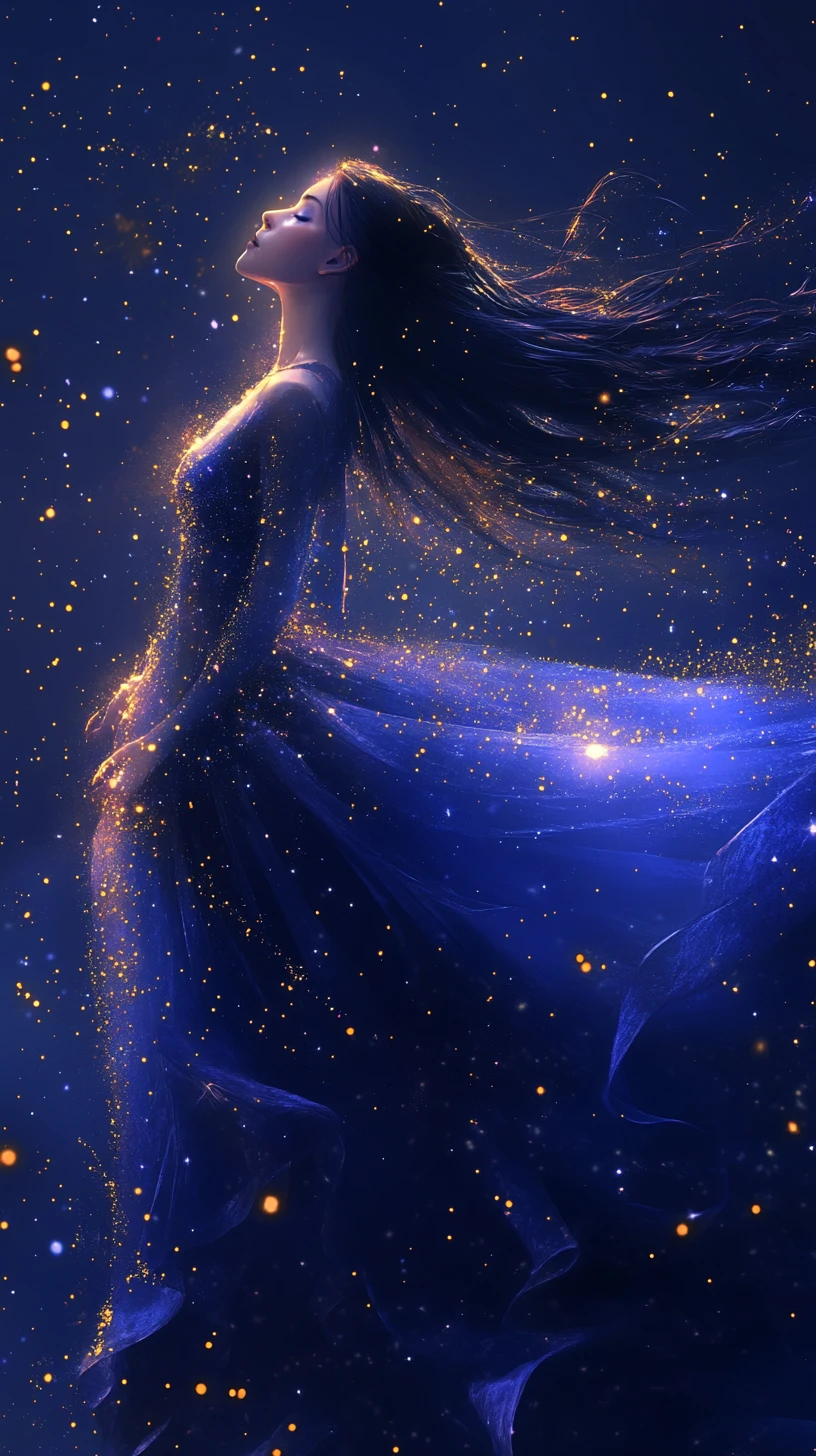 Ethereal starfield woman arching in cosmic darkness