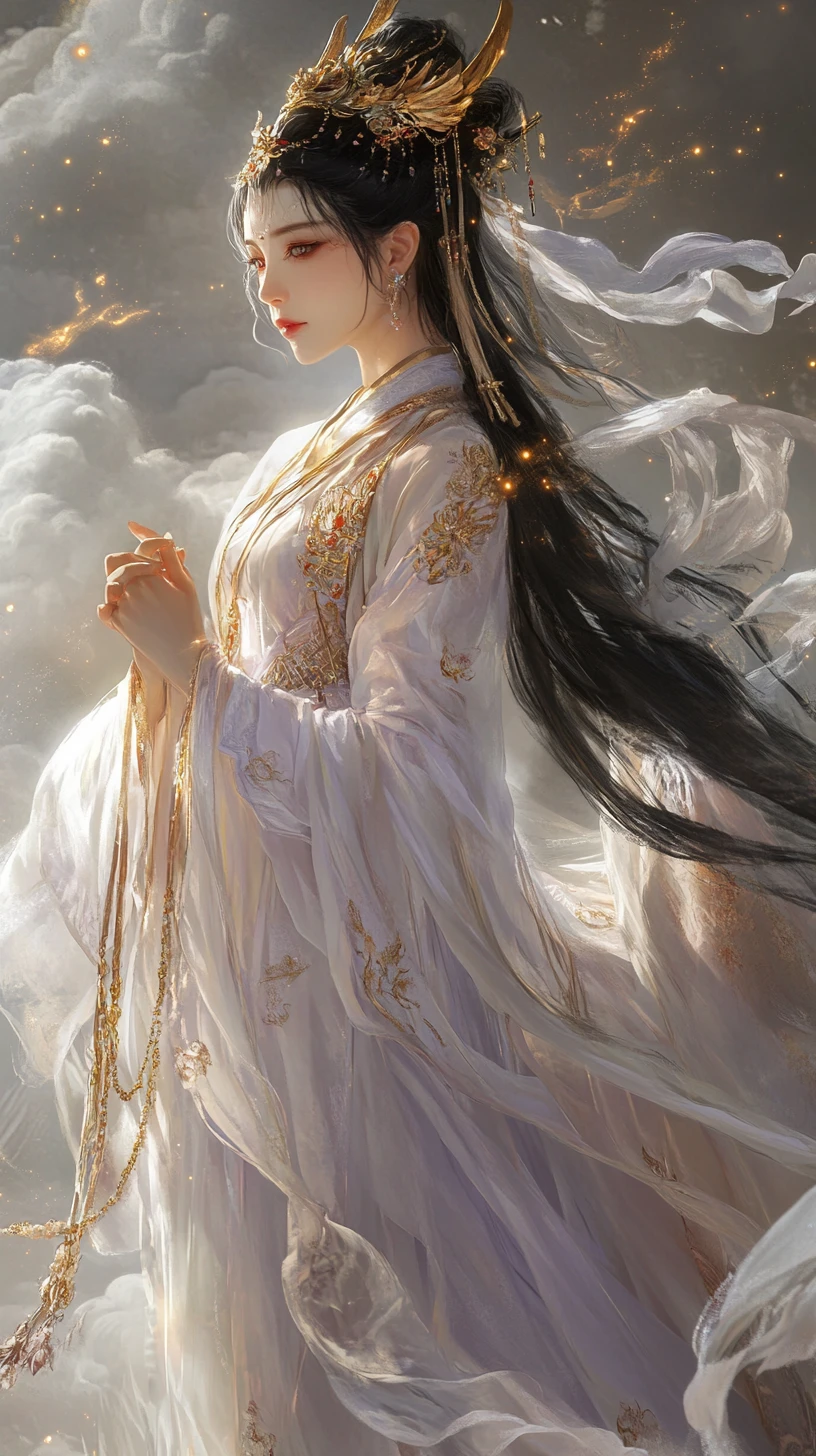 Celestial goddess in flowing hanfu above glowing clouds