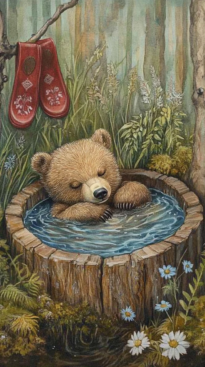 Ourson se relaxant dans un bain forestier en bois à l’eau bleue