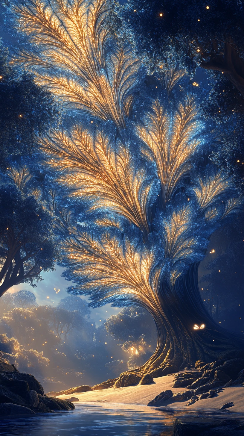 Alberi Fantastici Luminosi su un Ruscello in un Canyon Blu Nebbioso