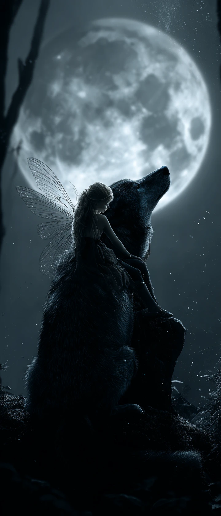 Wolf and fairy under a luminous full moon in forest