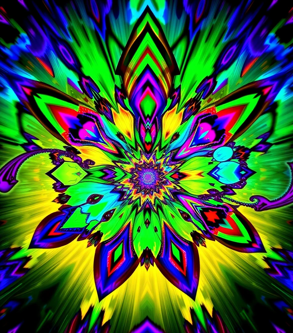 Motif arc-en-ciel fractal et coloré se déployant depuis un centre rayonnant