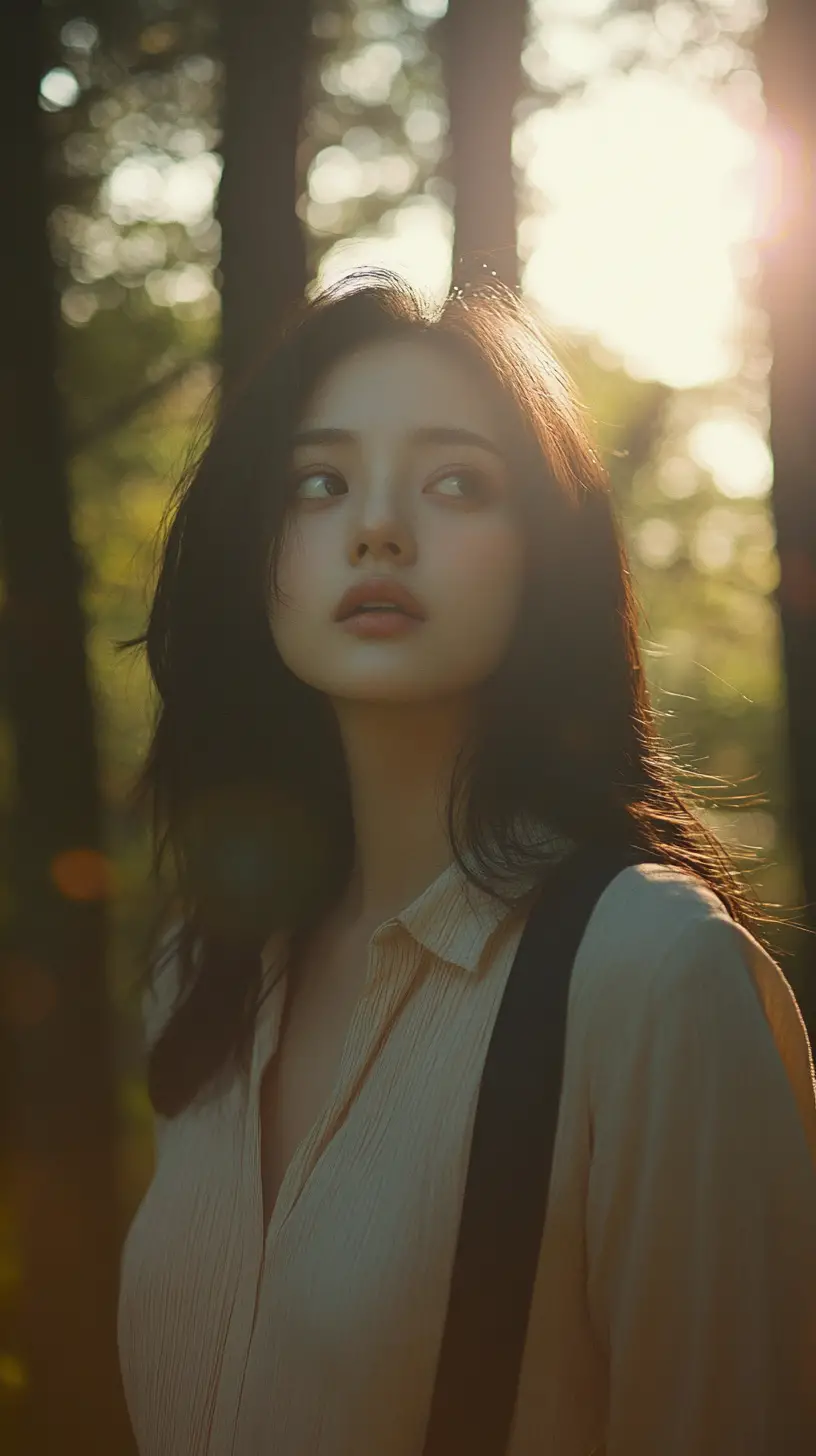 Mujer asiática girando en un bosque silencioso con luz cinematográfica