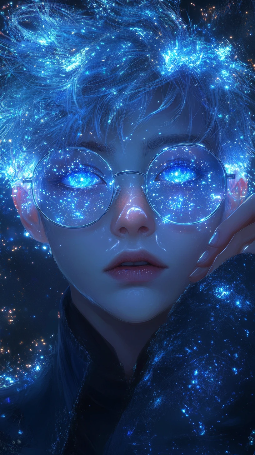 Garçon d’anime aux cheveux bleus lumineux dans une aura cosmique