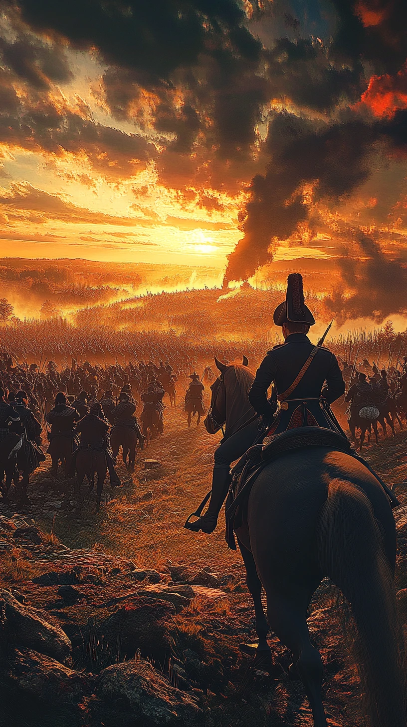 Napoleón a caballo contemplando un campo de batalla al atardecer