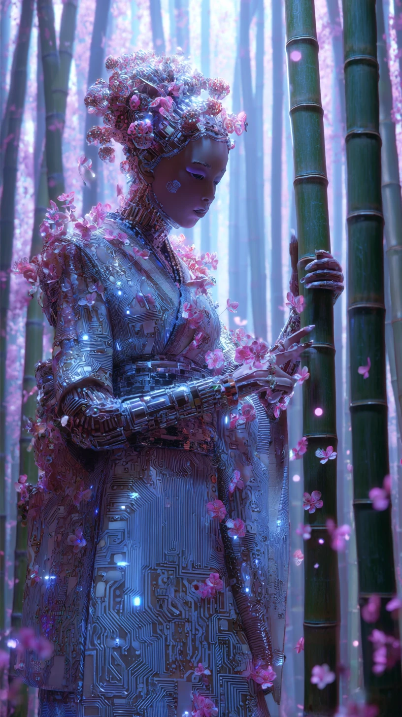 Cyborg geisha in kimono standing in a bamboo forest