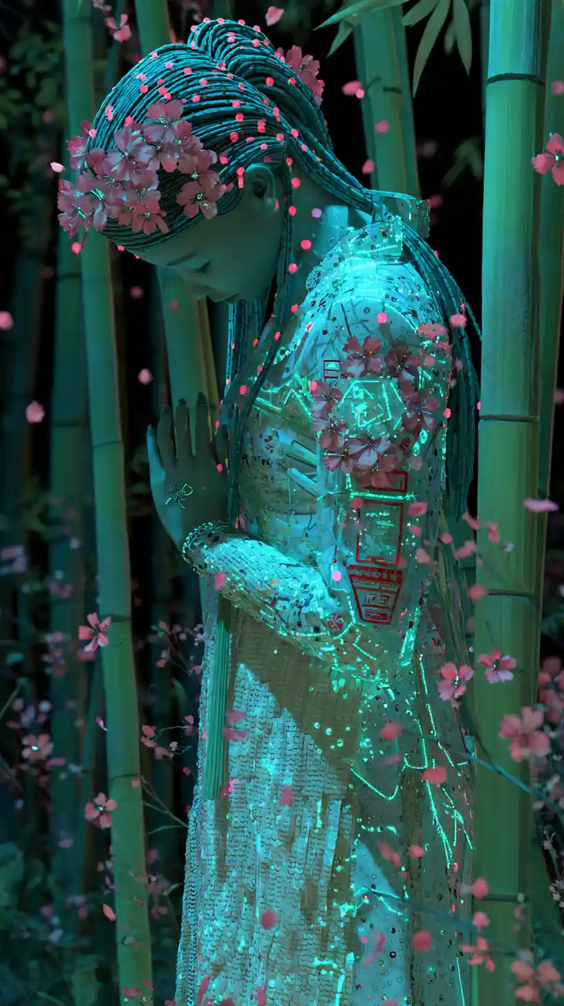 發光竹林中的和服賽博藝伎