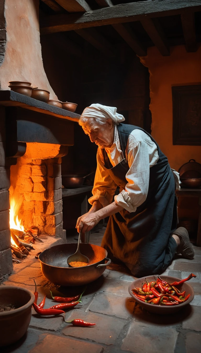 Cozinheiro idoso sobre panela de cobre em cozinha barroca iluminada pelo fogo