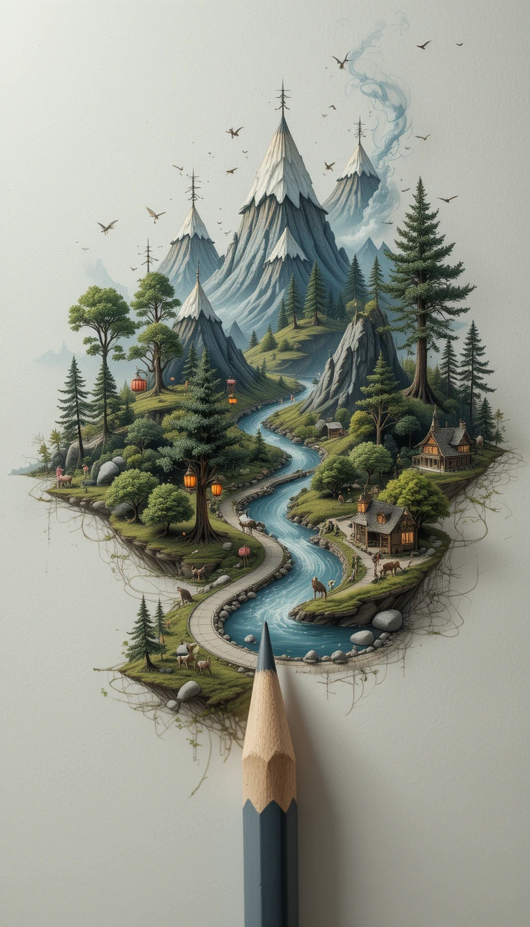 復古鉛筆勾勒微小魔法般的有生命景觀