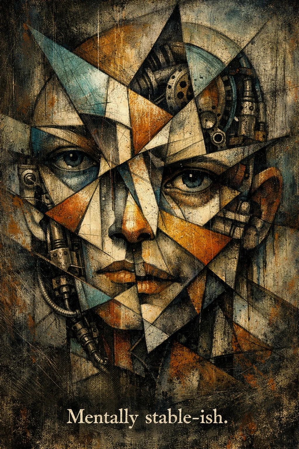 Fragmentiertes kubistisches Gesicht mit scharfen, kantigen Teilungen und Schatten