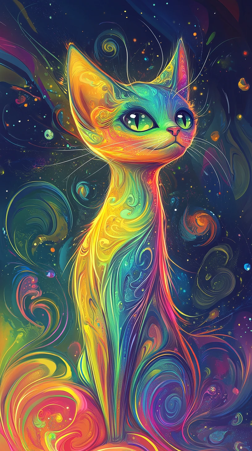 Gato Desenho Animado Brincalhão em Close com Fundo de Redemoinho Arco-Íris
