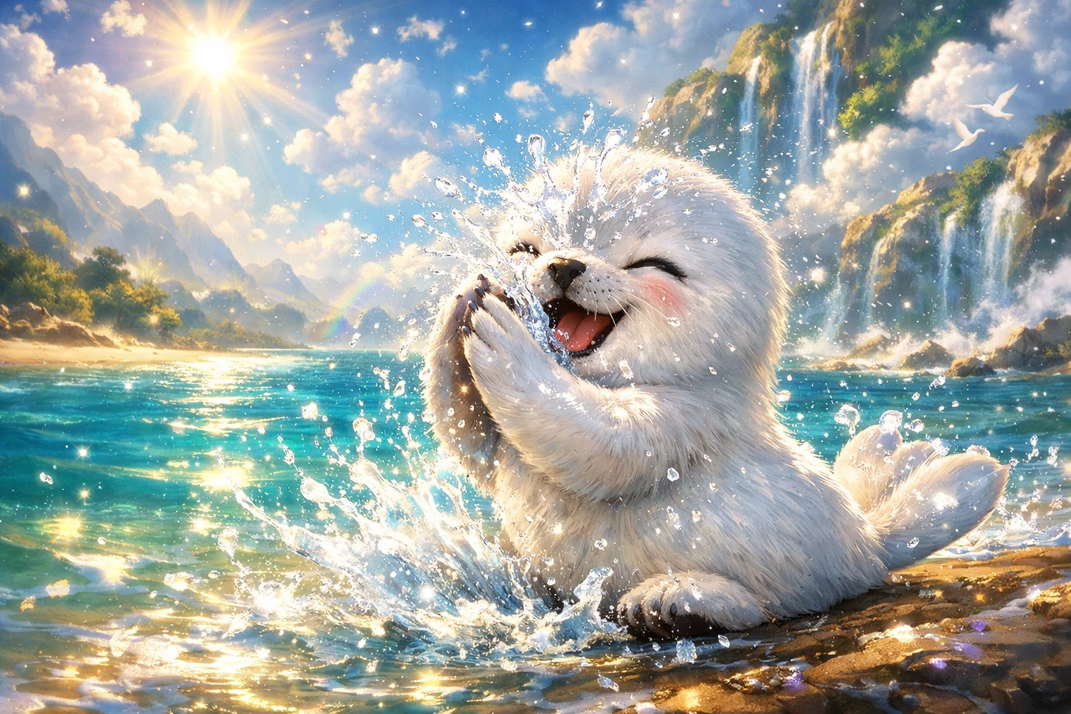 Filhote de foca brincalhão batendo palmas em uma praia ensolarada