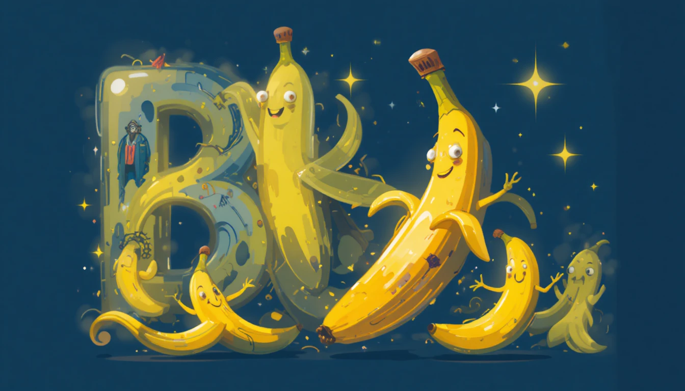 Bananes ludiques et lettre b en gras dans une scène de dessin animé amusante