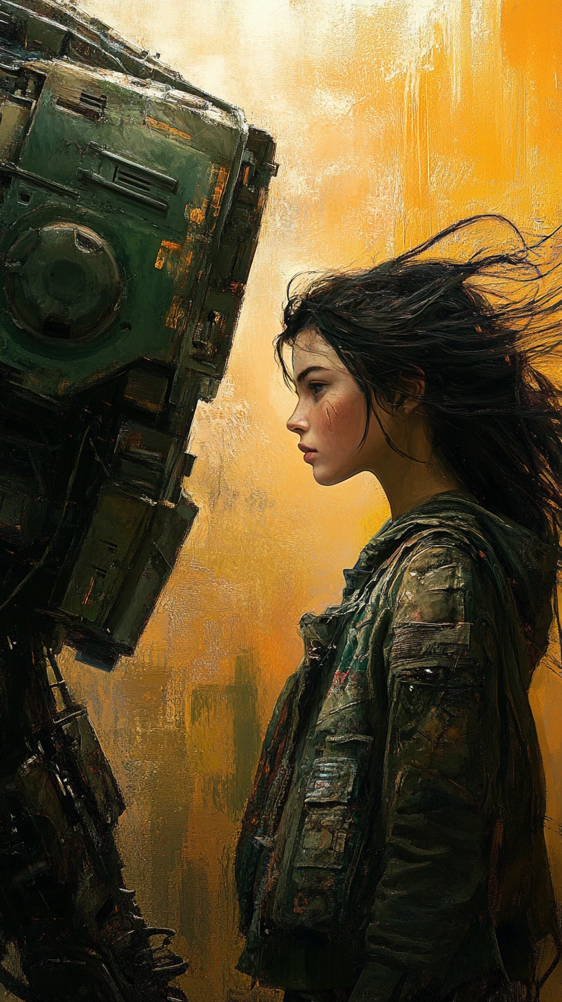 Young woman beside ruined mech in apocalyptic wasteland