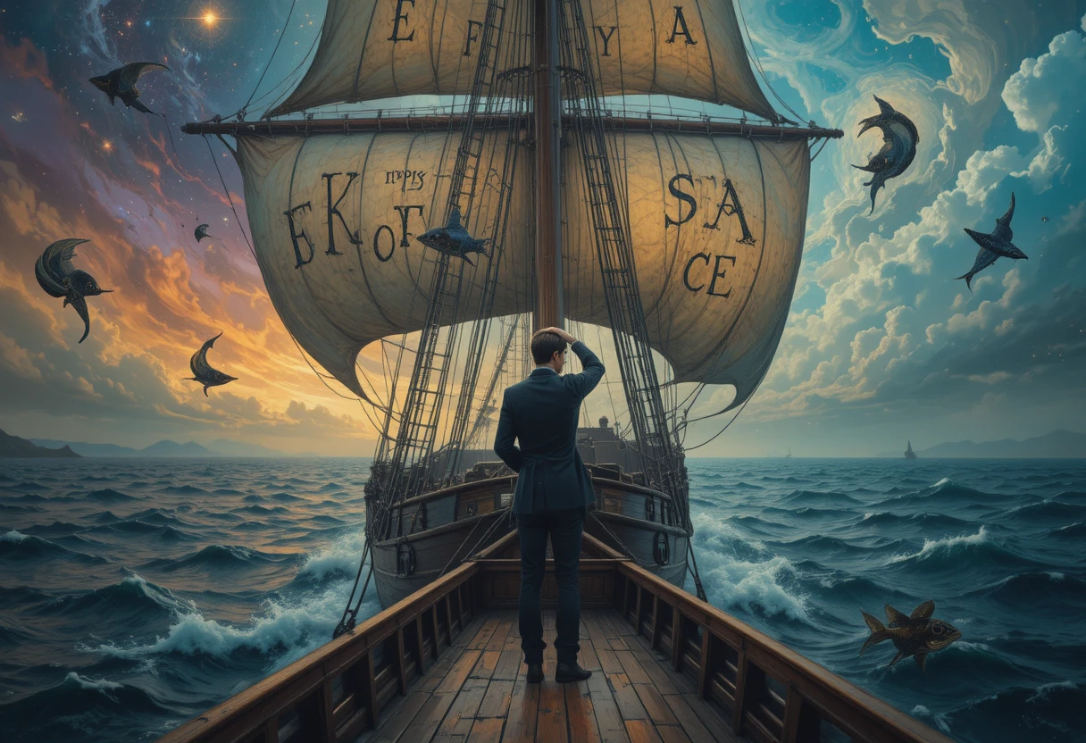 Young poet on a 19th century ship lost in thought