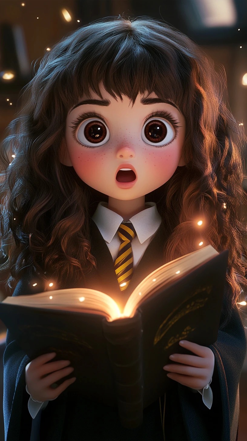 Retrato de estudante bruxinha chibi com grimório brilhante
