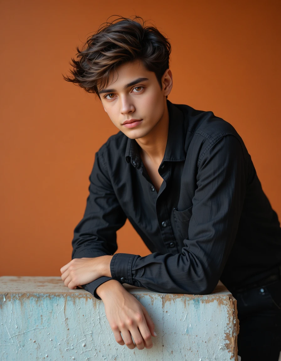 Ragazzo adolescente in outfit nero su sfondo arancione ruggine