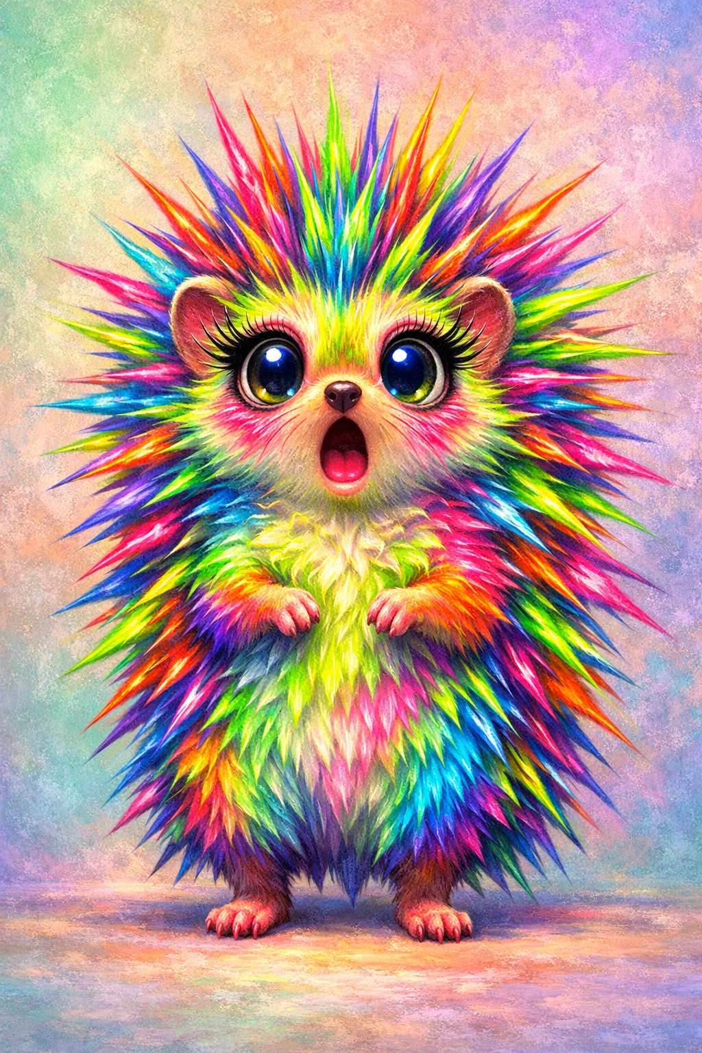 Ouriço neon esbaforido em frente a parede de estuque em tons pastel