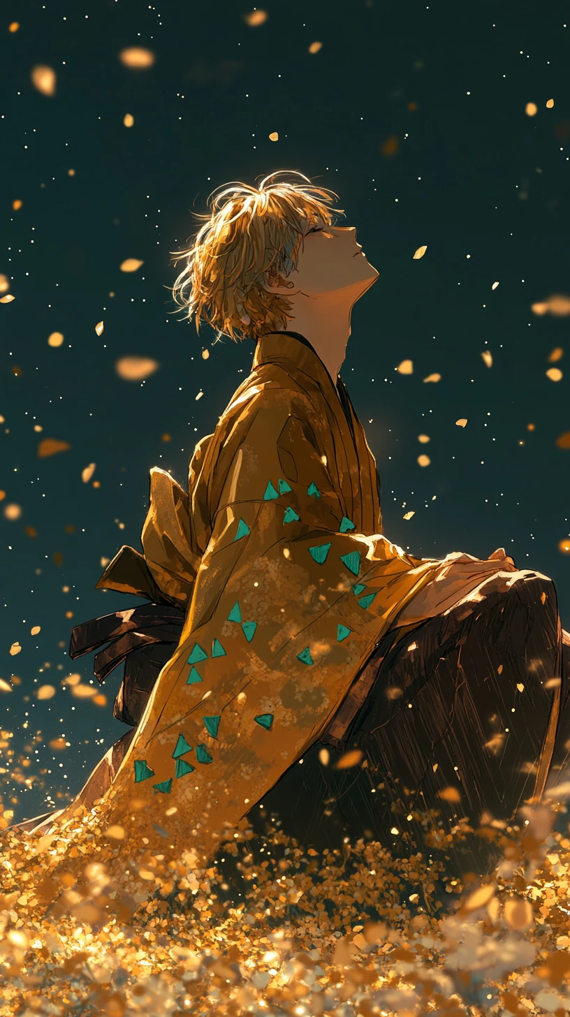 Anime boy kneeling in golden field under starry cosmos
