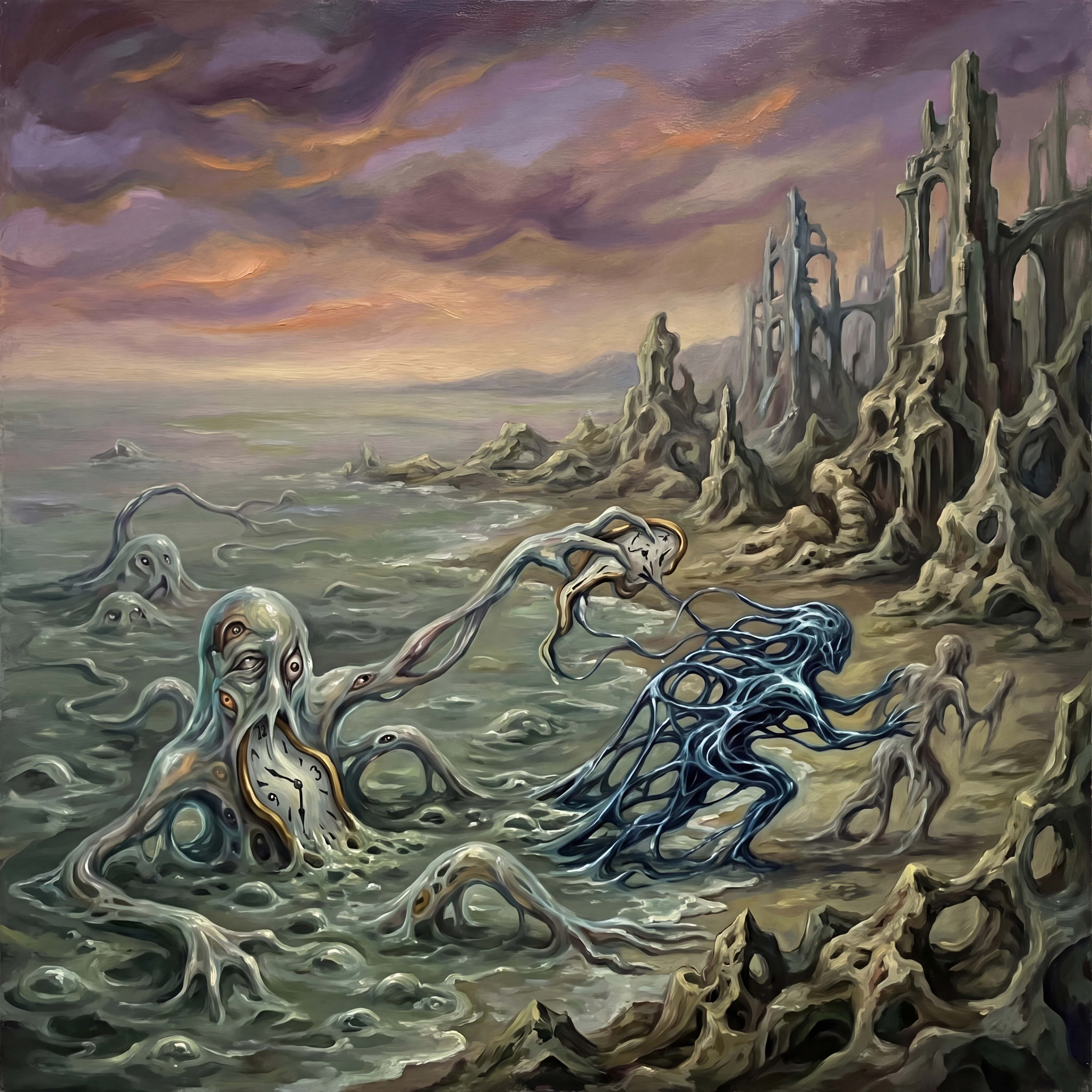 Surreal monsters rising from a slime filled shoreline