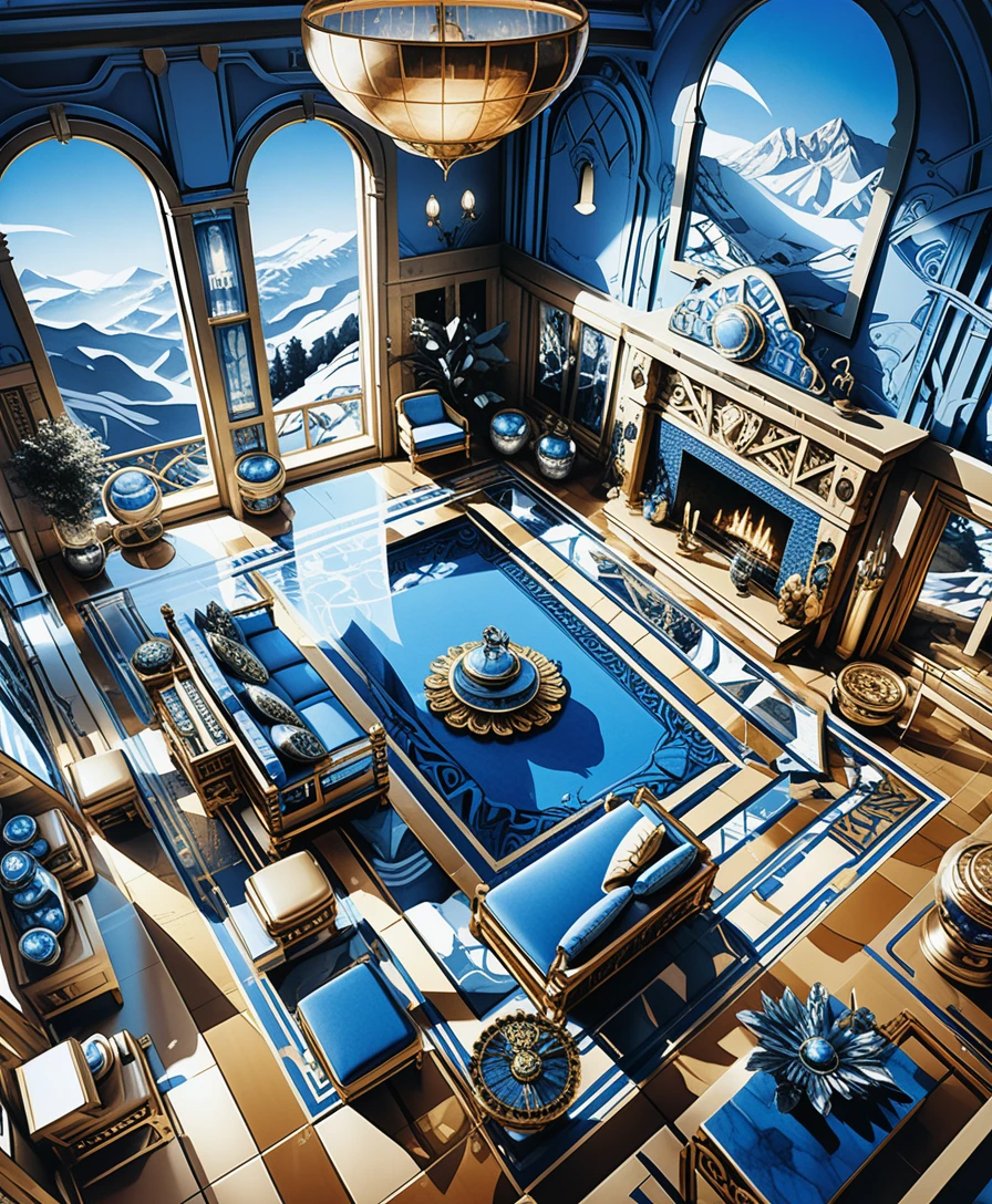 Isometric luxury villa interior in a serene mountain landscape