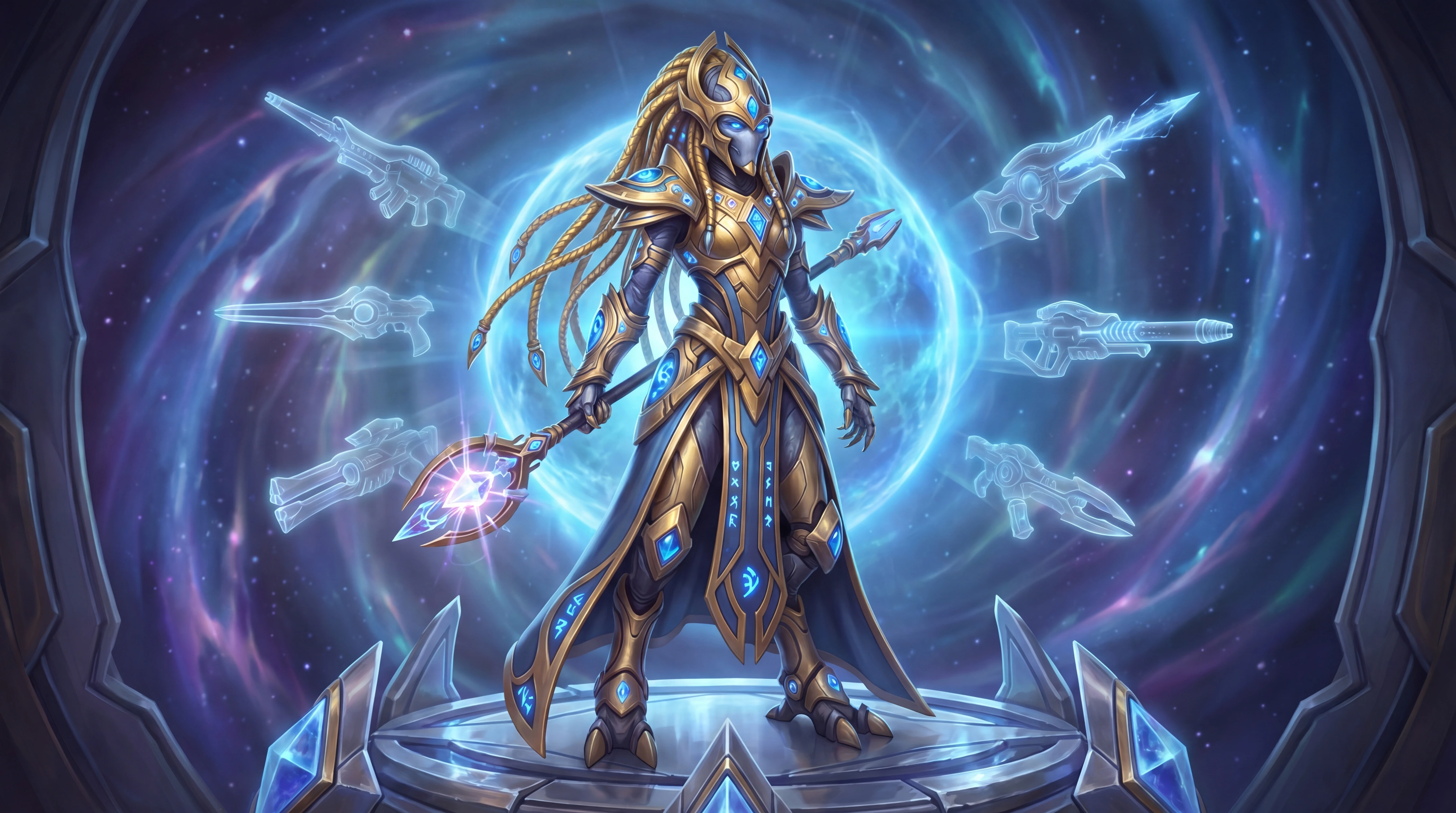 Golden nerfed protoss woman with glowing blue psionic eyes
