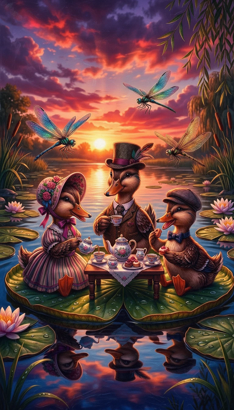 Patos fantasiosos em um minúsculo chá das cinco sobre uma folha de nenúfar ao pôr do sol