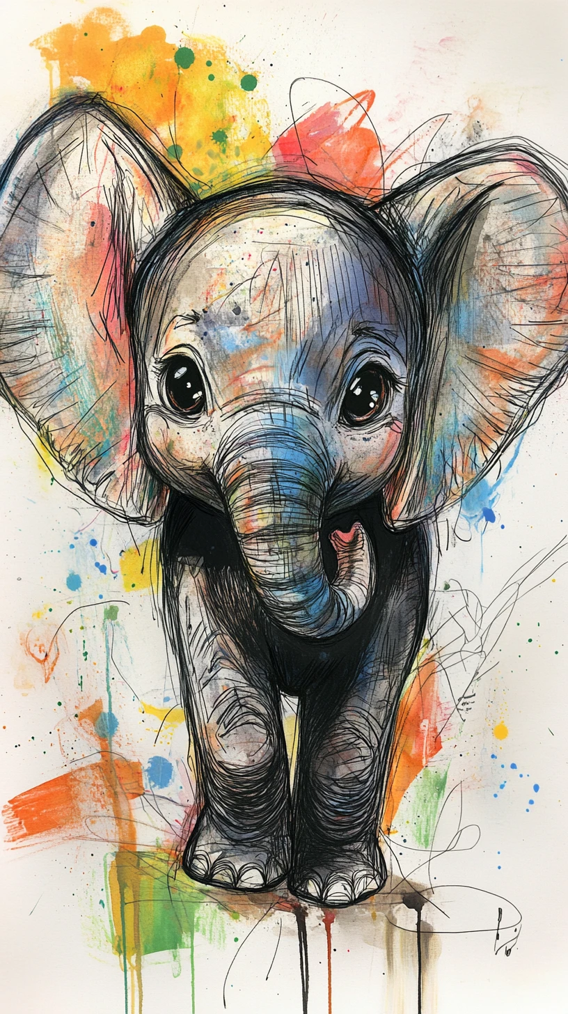 Esboço de elefante bebê com respingos de aquarela e formas abstratas