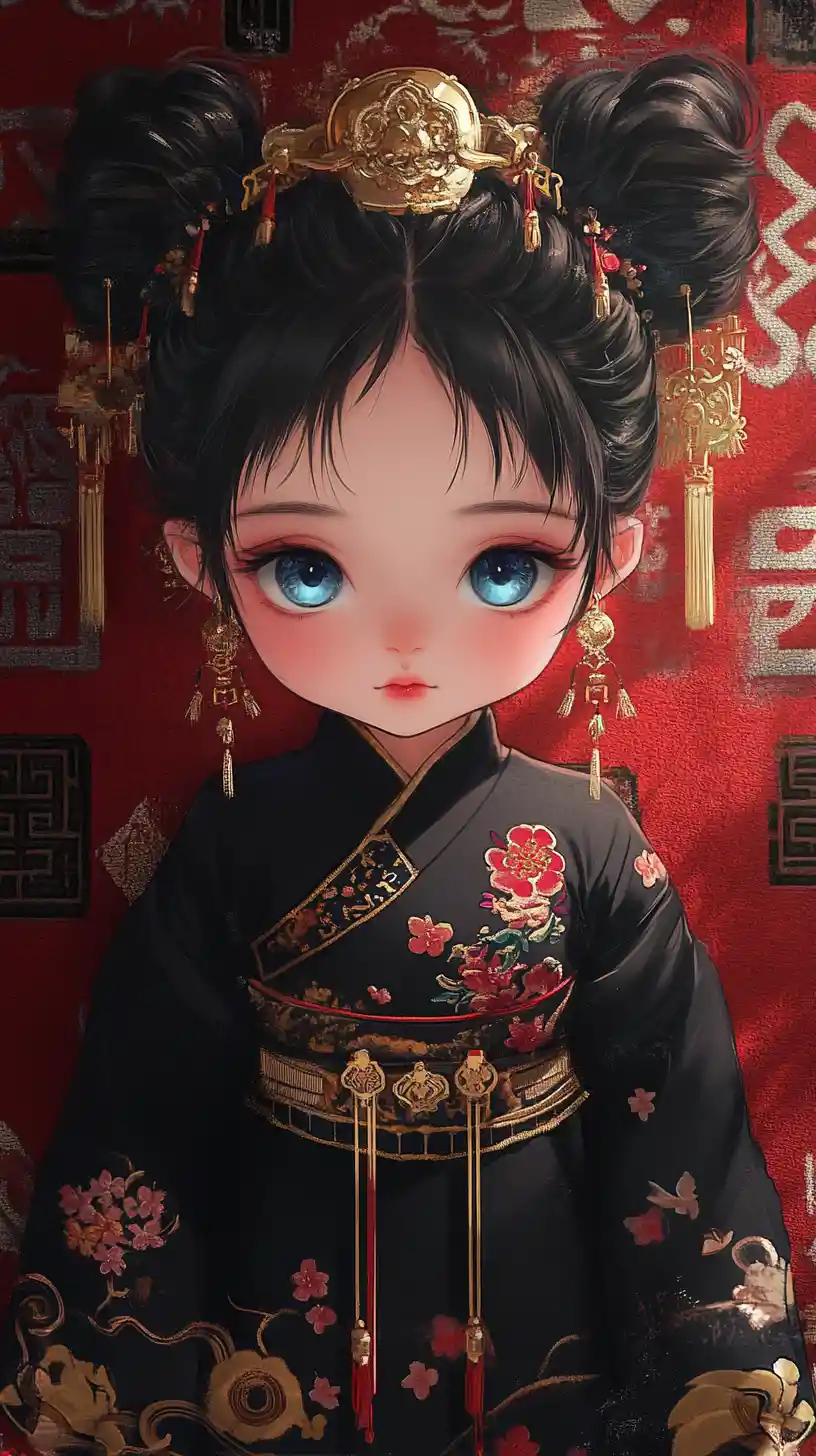 Chibi Asian girl in embroidered black top on red rug
