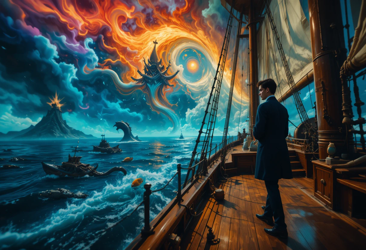 Young poet on a 19th century ship lost in thought