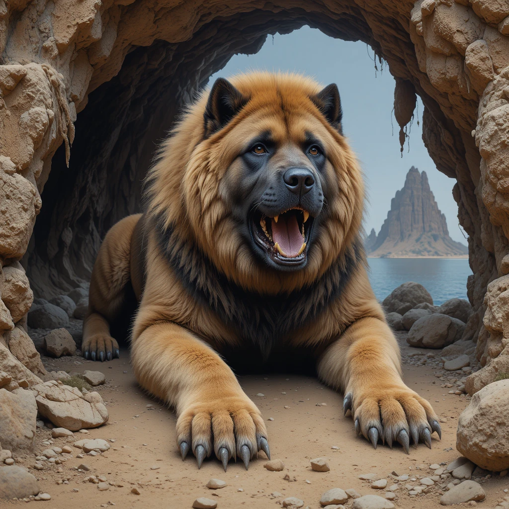 Enorme cane fantasy che riposa in una grotta nel deserto