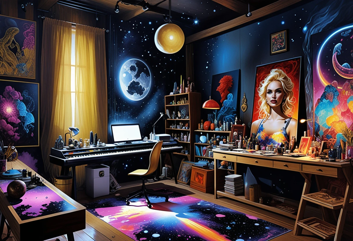Solar punk loft art studio with crystals and canvas