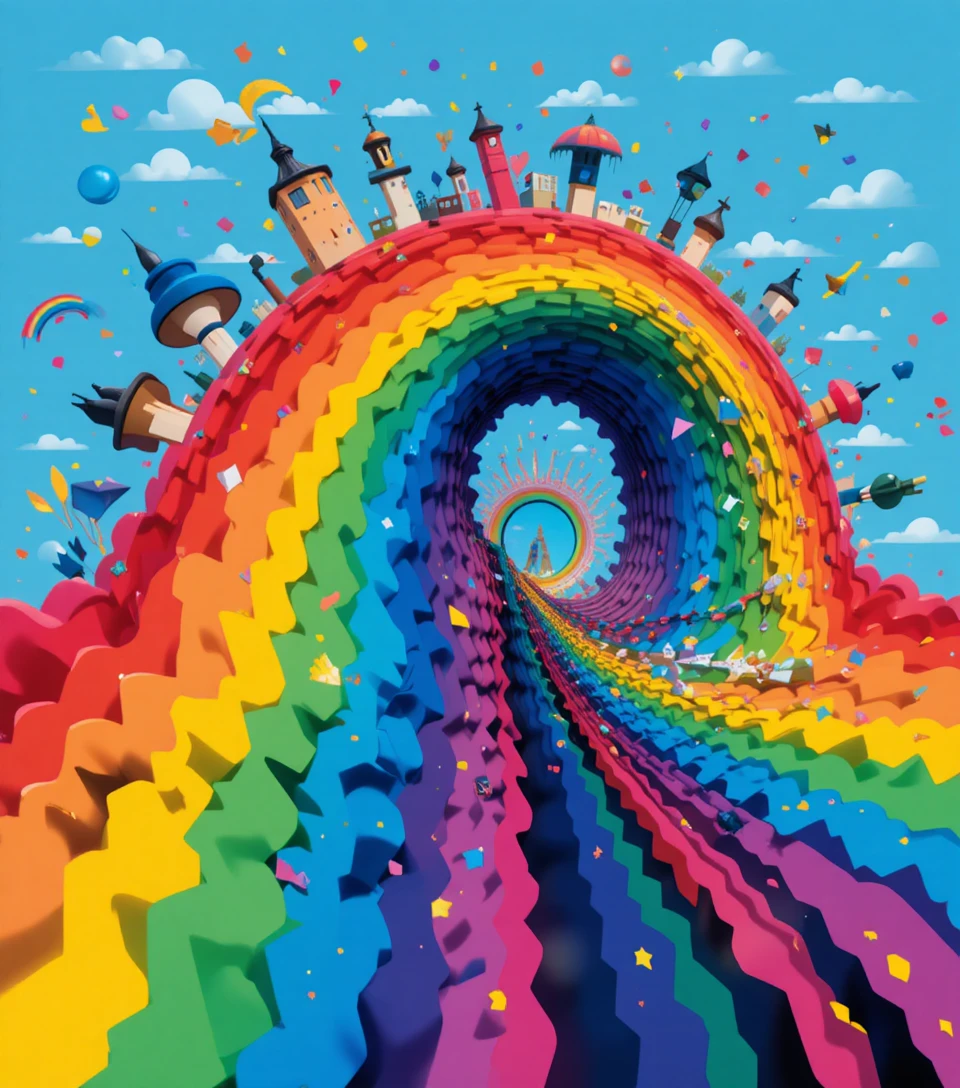 Bunte fraktale Regenbogenformen, die von einem zentralen Punkt ausgehen