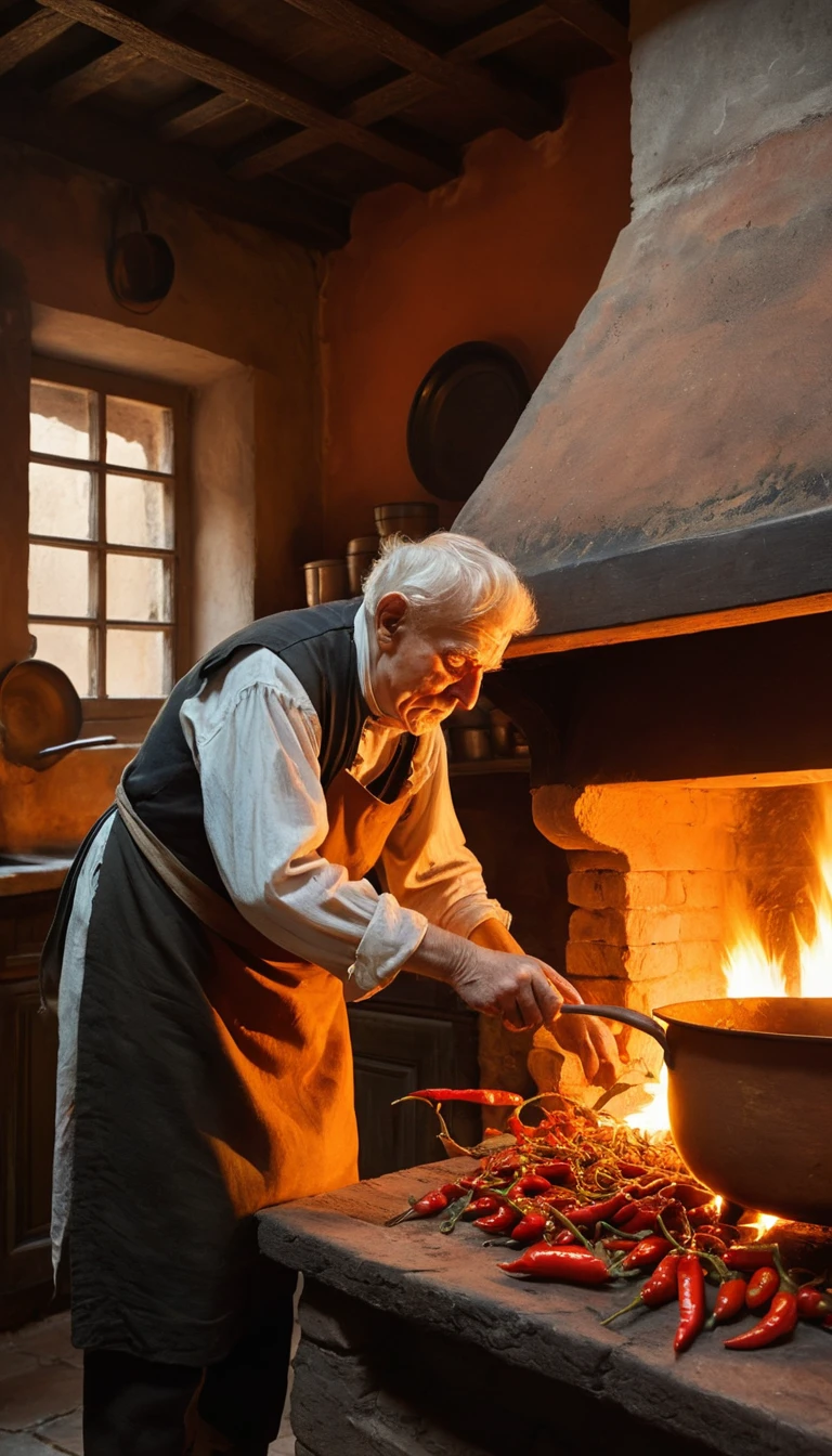 Cozinheira idosa sobre um fogão em brasa em cozinha barroca