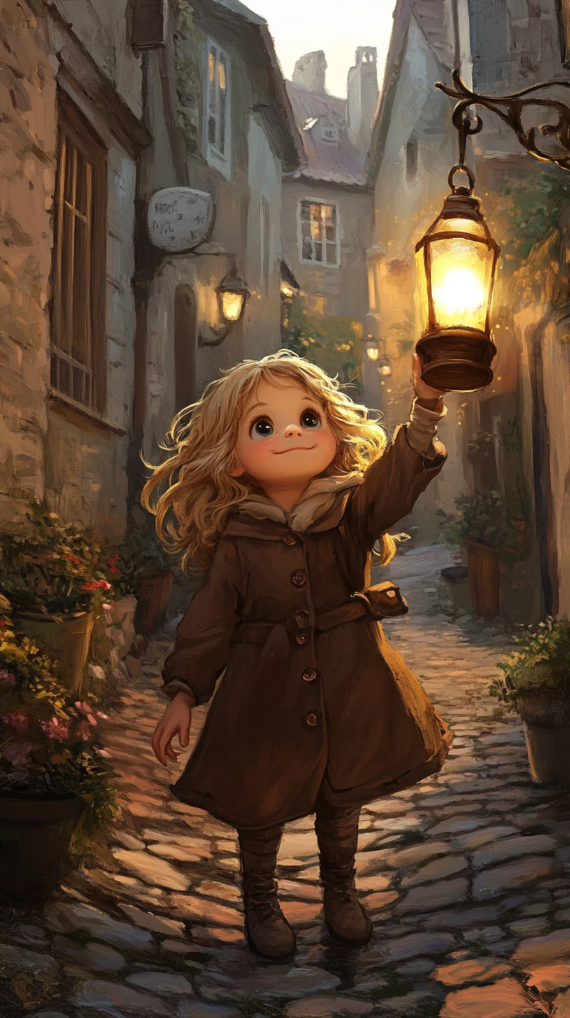 Cheerful child with lantern in a misty cobblestone alley