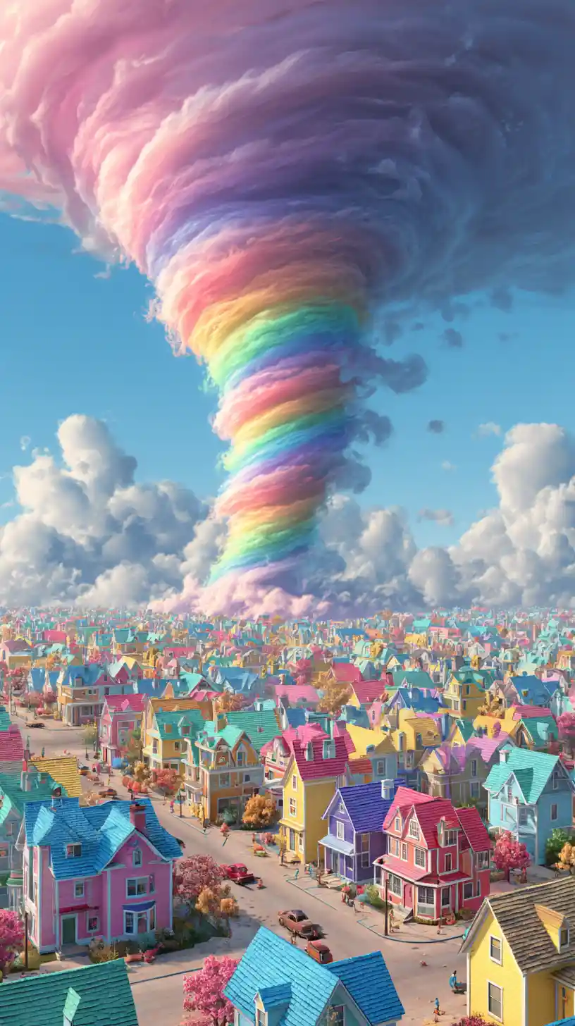 Surreal rainbow tornado swirling over colorful fantasy houses