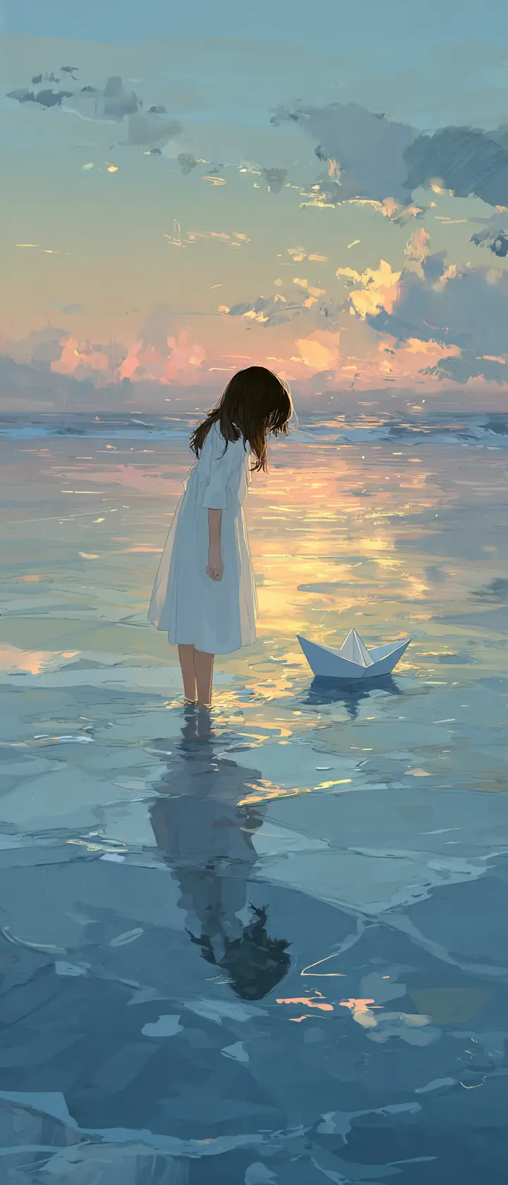 在寧靜海面放紙船的動畫少女