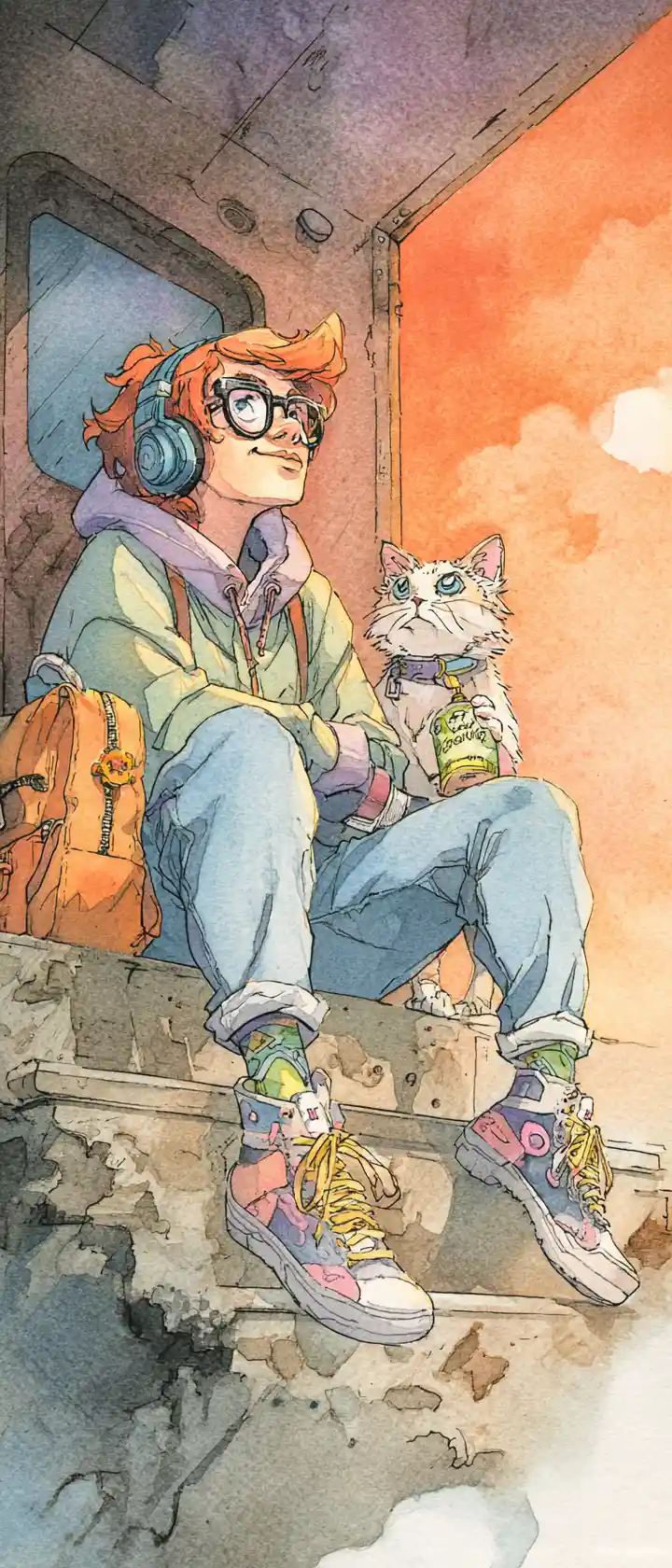 Allegri gatto e orso cartoon che ballano in un vecchio treno